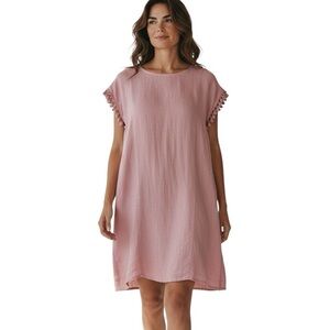Cute! Antibes Blanc 100% Linen Dress. Mauve W/ Tassel Sleeves. Sz. L